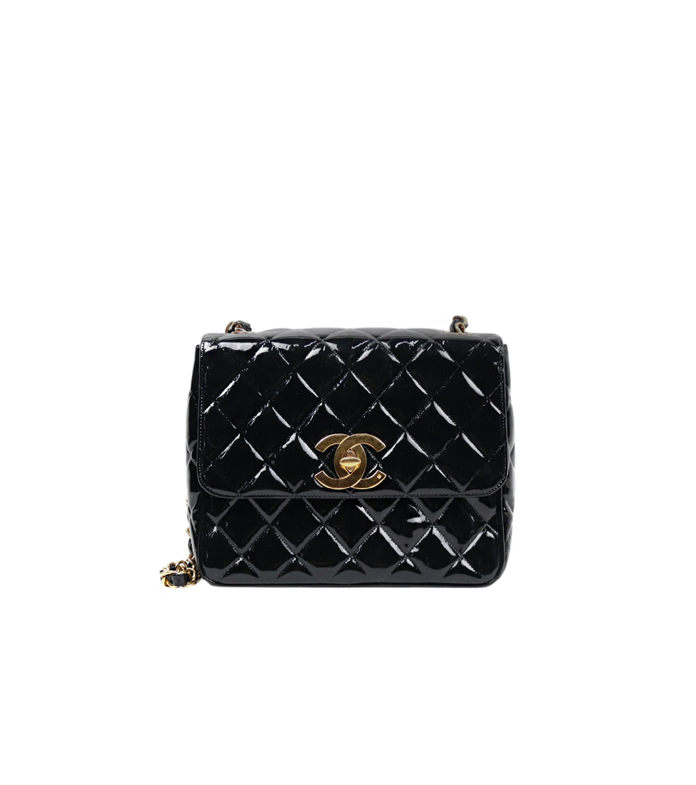 Chanel Black Patent Quilted CC Flap Chain Shoulder Bag with Flap