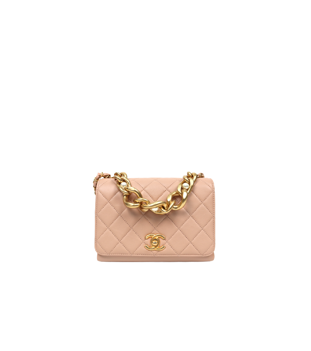 Chanel Pink Leather Triple Pearl Chain Flap Bag