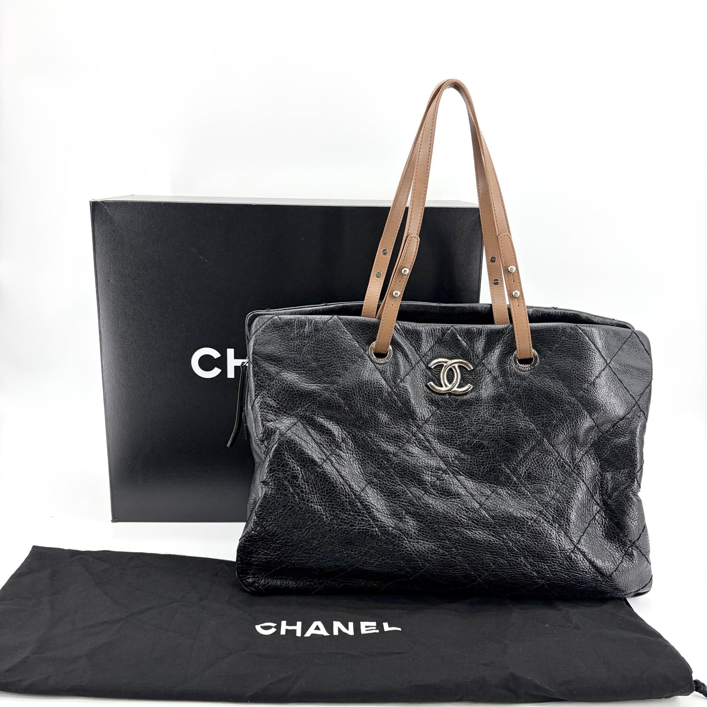 Chanel On the Road Crumpled Calfskin Tote Bag Black