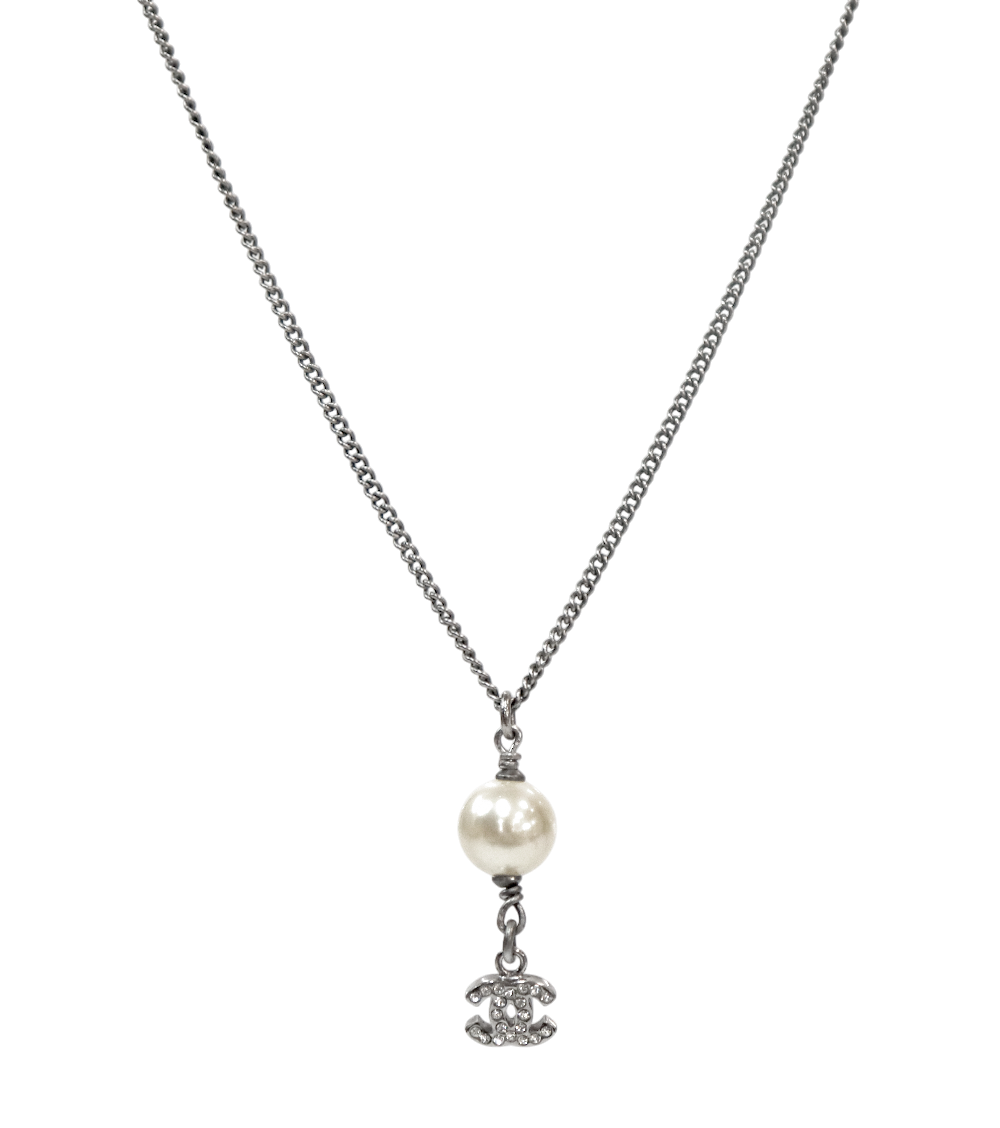 Chanel Pearl Drop CC Silver Necklace