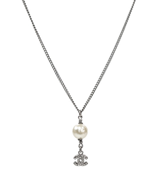 Chanel Pearl Drop CC Silver Necklace