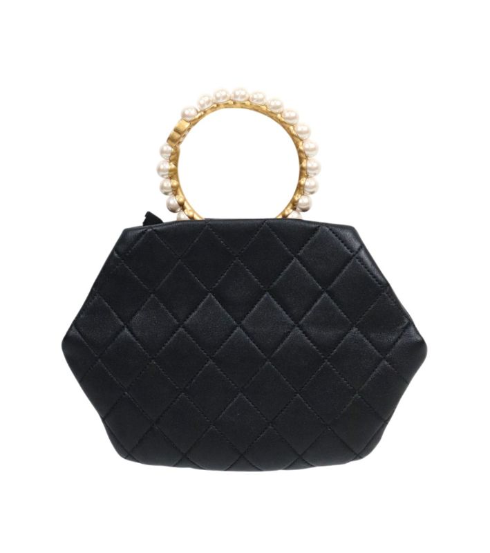 Chanel Black Leather Pearl-Handle Pouch
