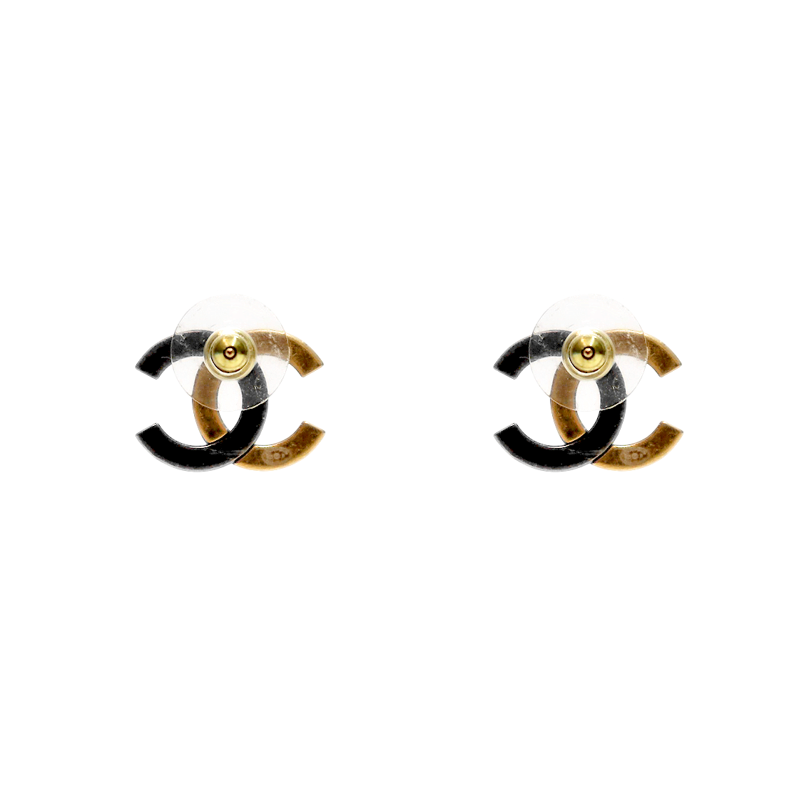 Chanel CC Logo Gold and Black Two-Tone Earrings