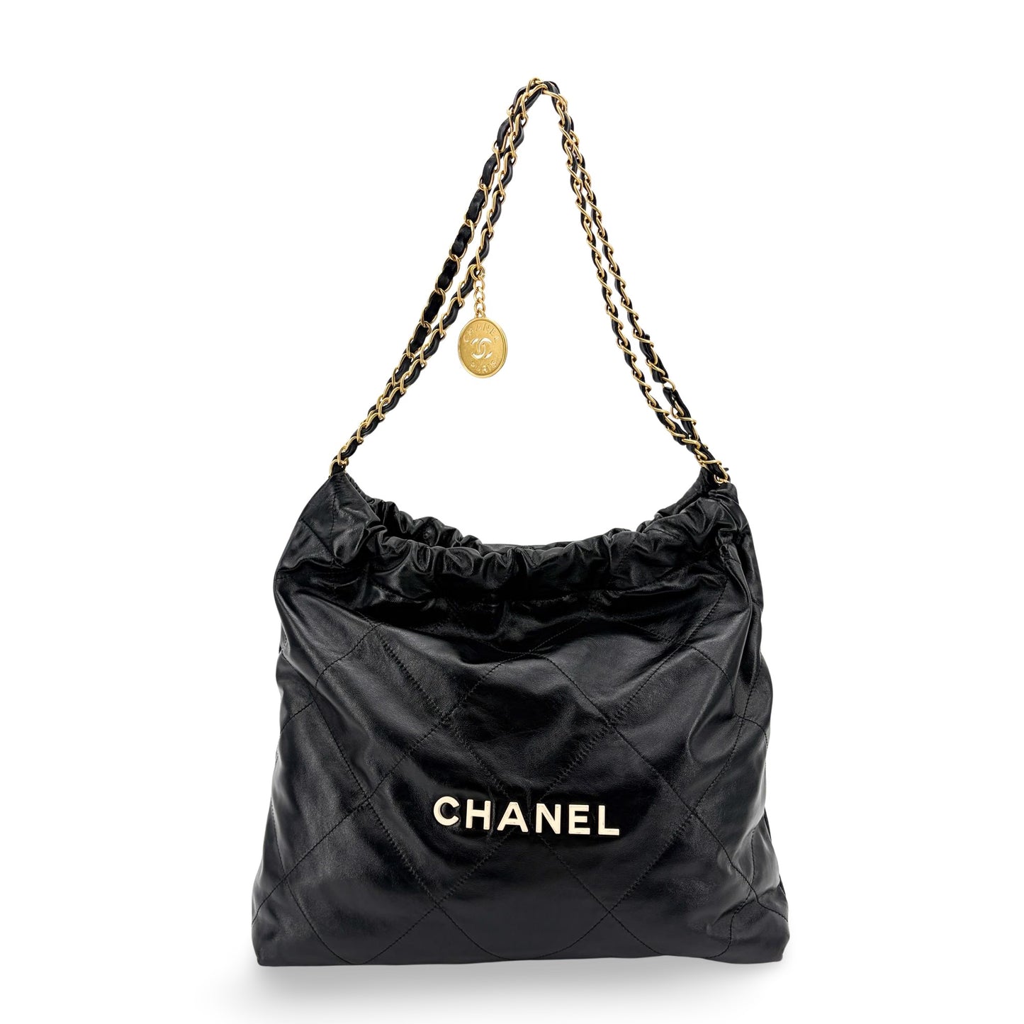 Chanel 22 Handbag Shiny Calfskin Black Gold Hardware
