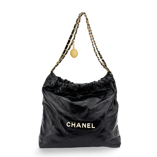 Chanel 22 Handbag Shiny Calfskin Black Gold Hardware