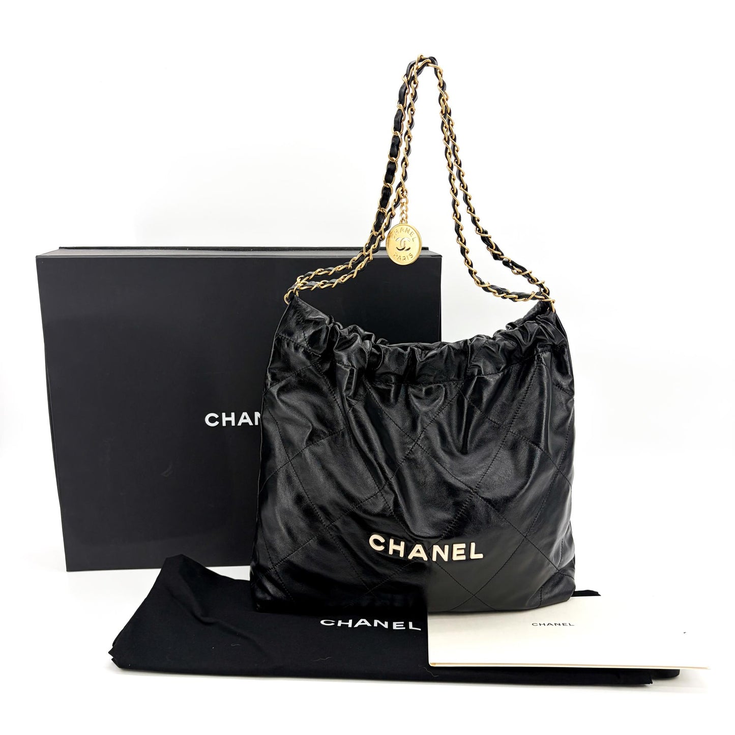 Chanel 22 Handbag Shiny Calfskin Black Gold Hardware