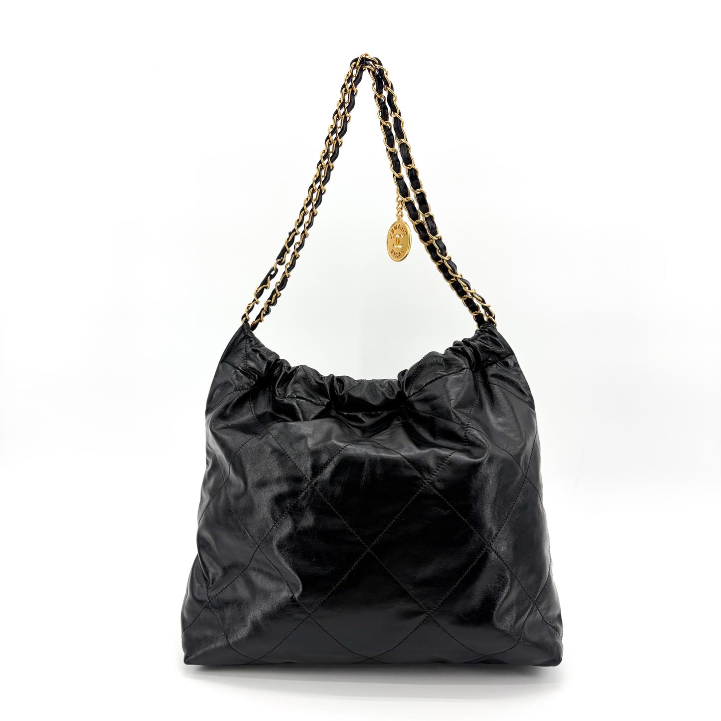 Chanel 22 Handbag Shiny Calfskin Black Gold Hardware
