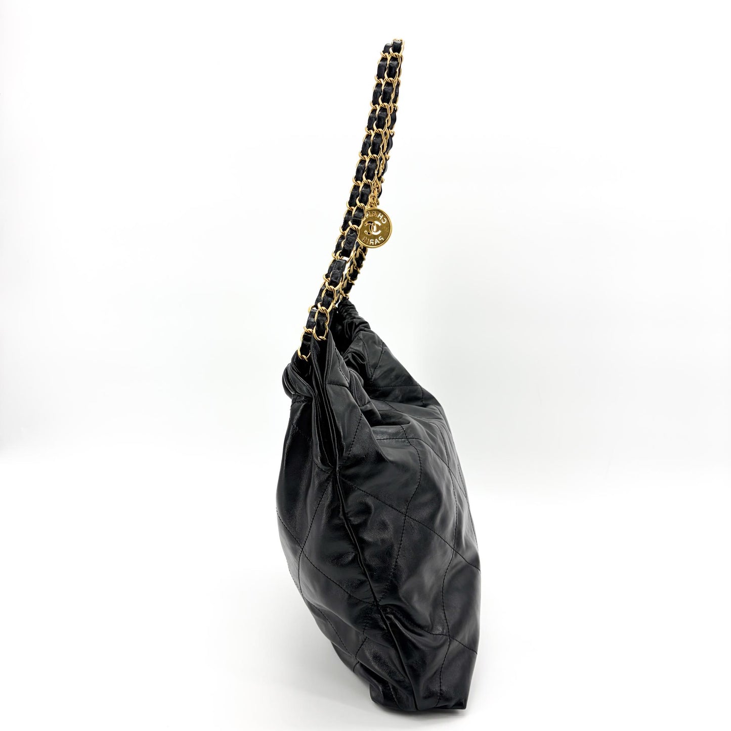 Chanel 22 Handbag Shiny Calfskin Black Gold Hardware