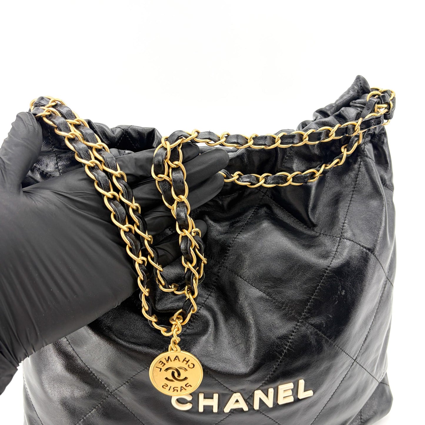 Chanel 22 Handbag Shiny Calfskin Black Gold Hardware