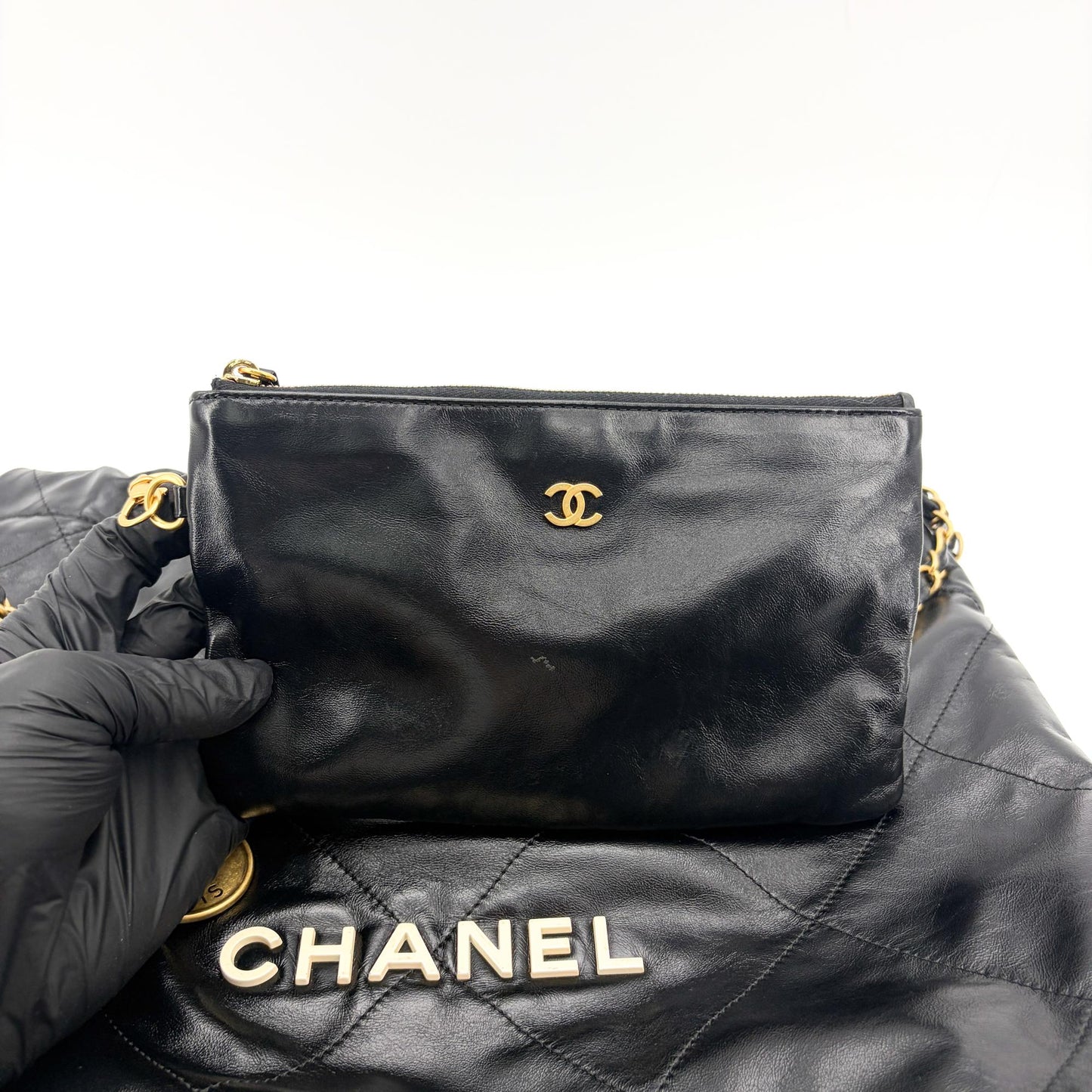 Chanel 22 Handbag Shiny Calfskin Black Gold Hardware