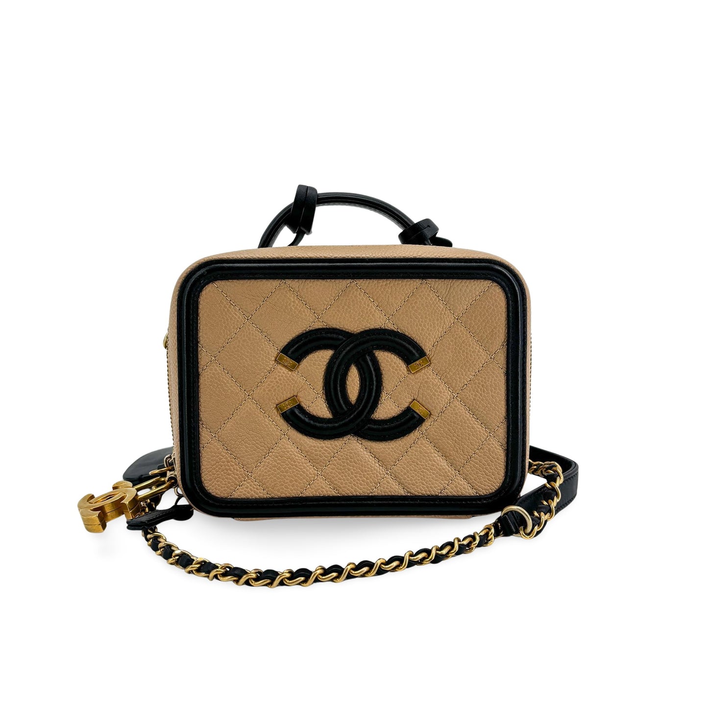 Chanel CC Filigree Vanity Case Small Beige Black