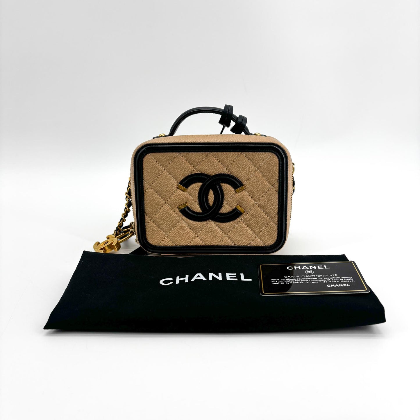 Chanel CC Filigree Vanity Case Small Beige Black