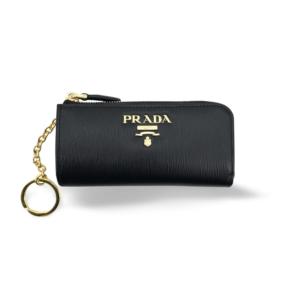 Prada Vitello Move Zipper Key Clutch Black Gold Hardware