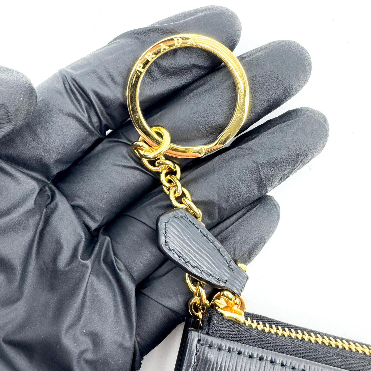 Prada Vitello Move Zipper Key Clutch Black Gold Hardware