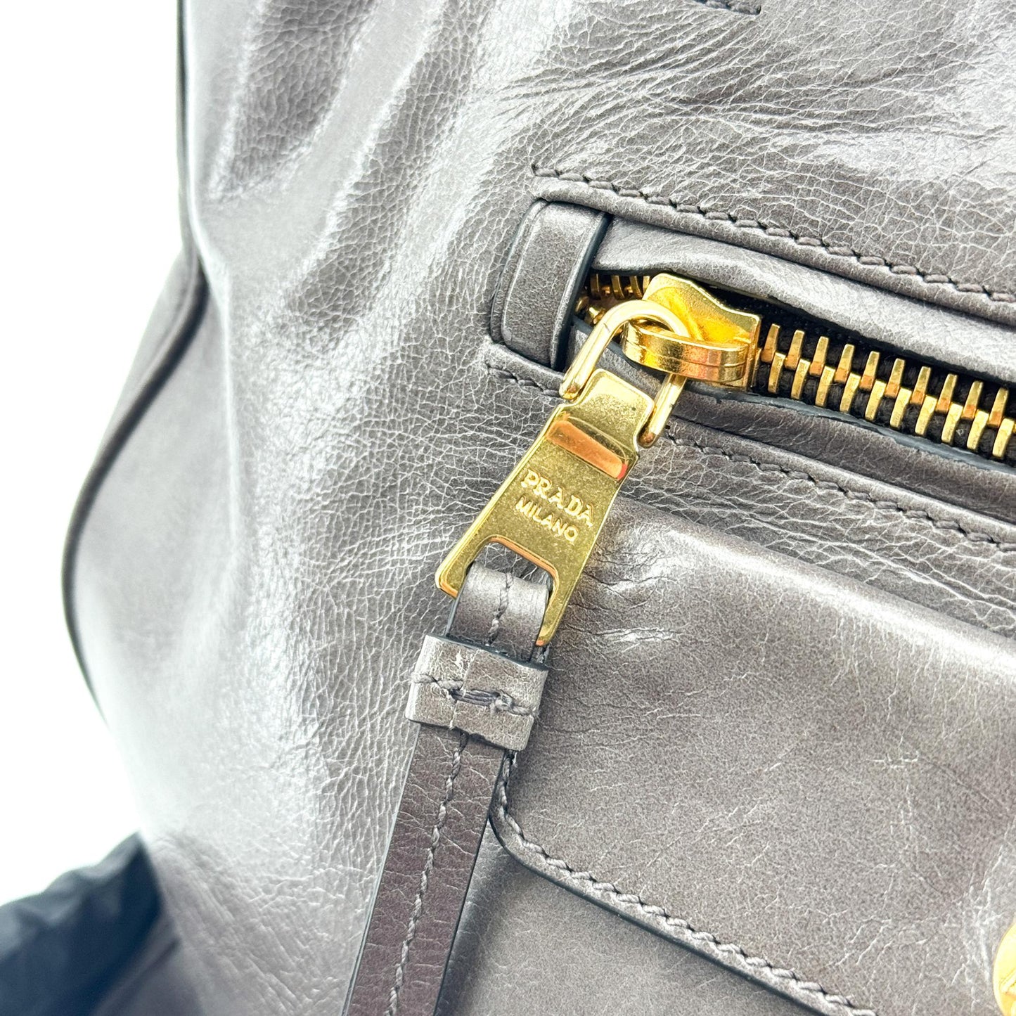 Prada Vitello Shine Tote Bag Dark Gray Gold Hardware
