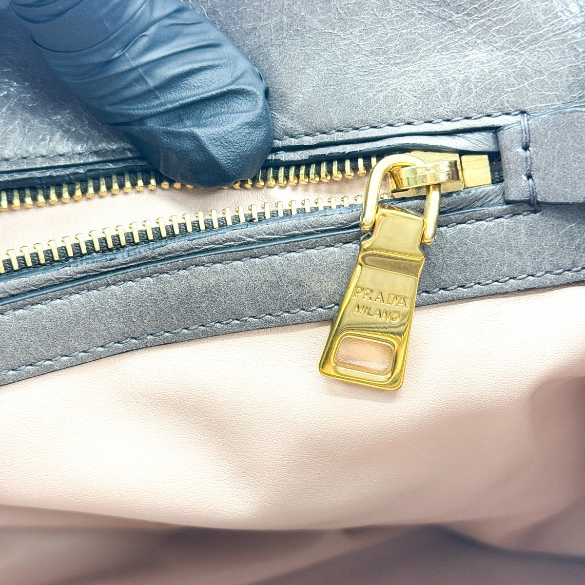 Prada Vitello Shine Tote Bag Dark Gray Gold Hardware