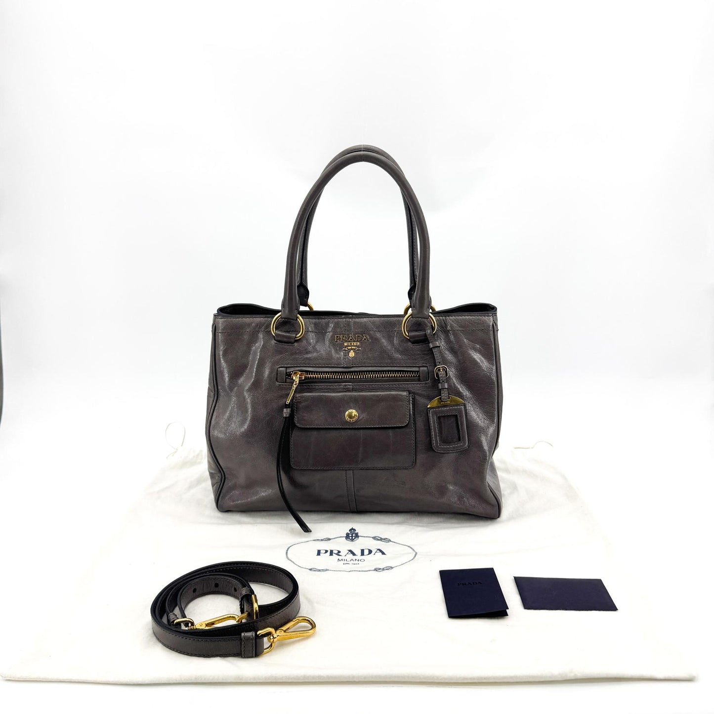 Prada Vitello Shine Tote Bag Dark Gray Gold Hardware