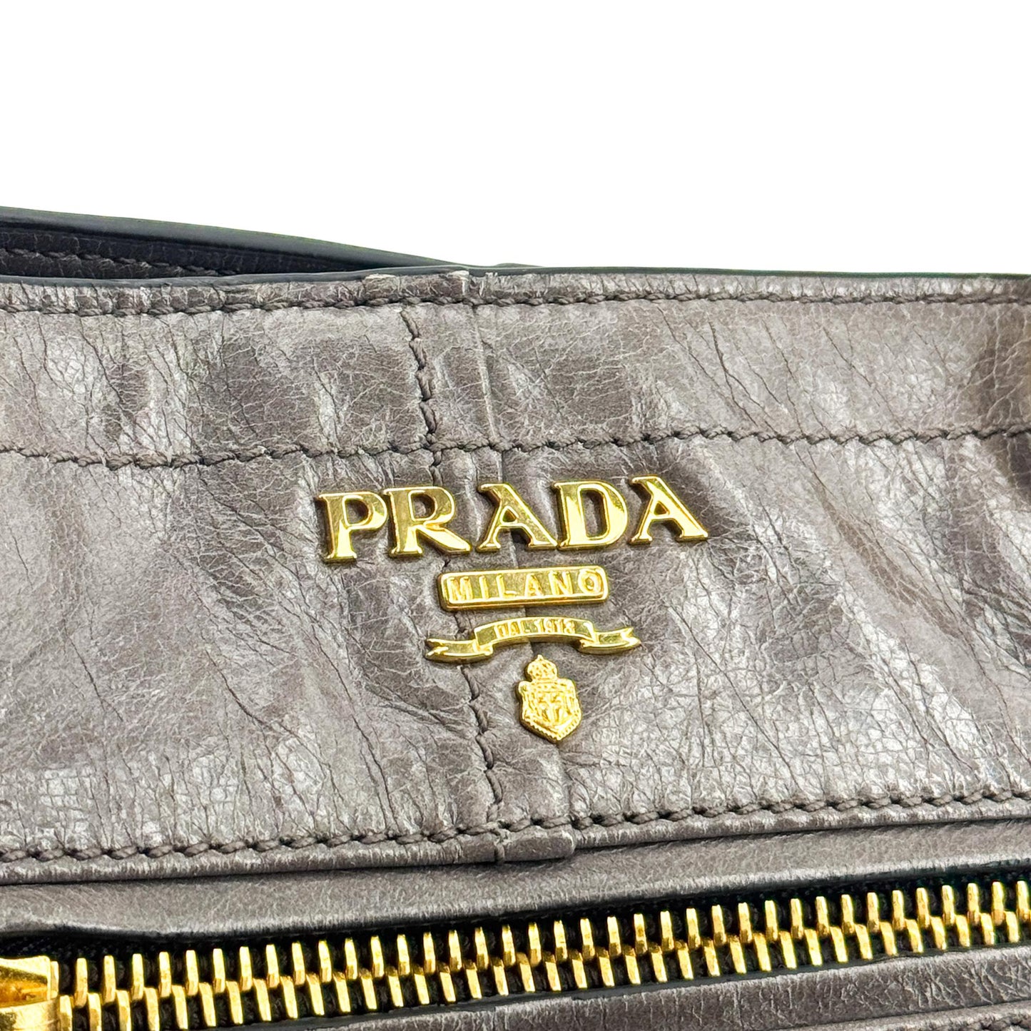 Prada Vitello Shine Tote Bag Dark Gray Gold Hardware