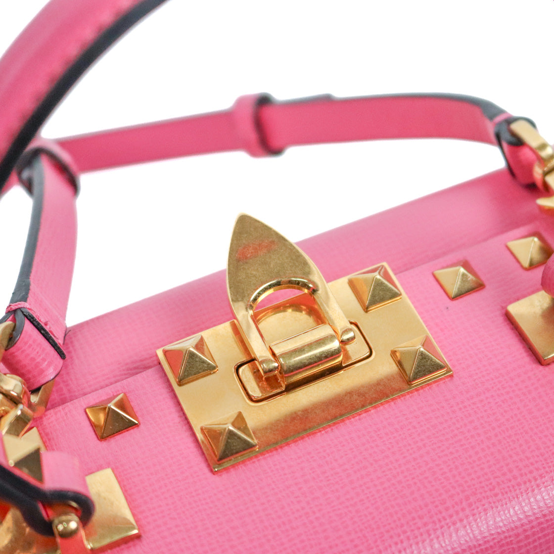 Valentino Pink Leather Rockstud Box Top-Handle Tote Bag