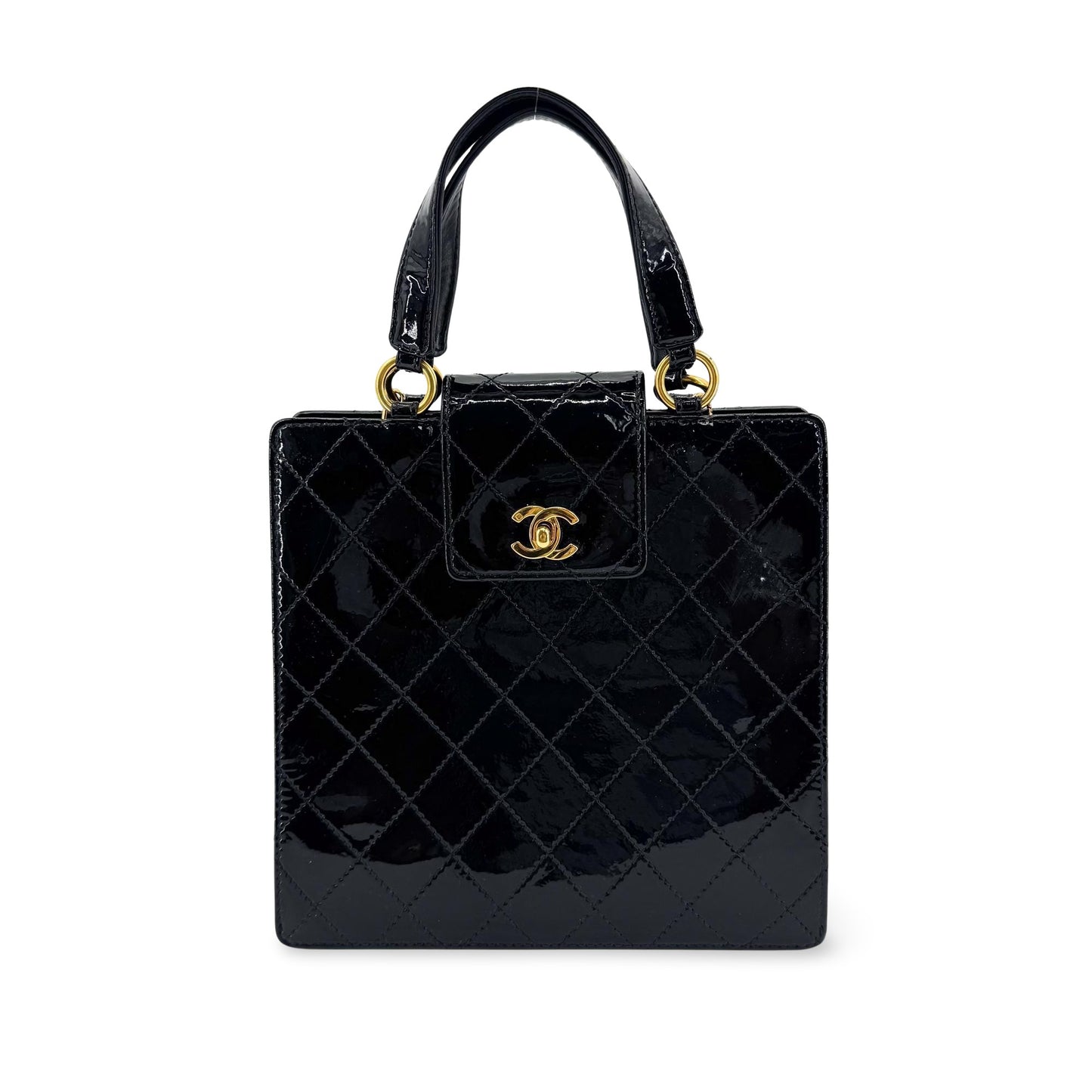 Chanel Vintage Patent Quilted Square Top Handle Bag Gold Hardware Black