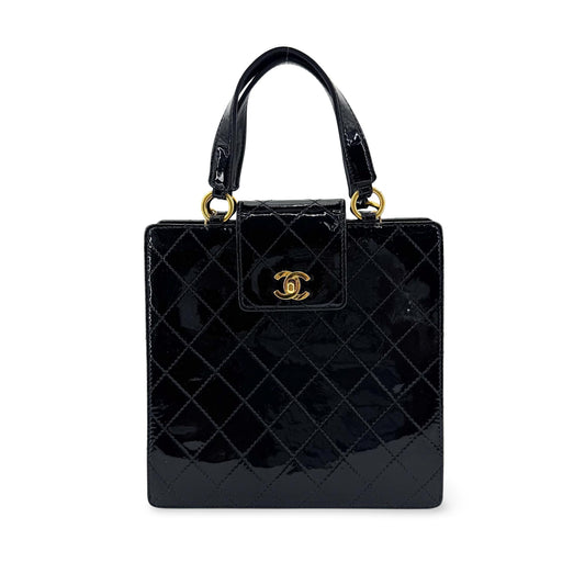 Chanel Vintage Patent Quilted Square Top Handle Bag Gold Hardware Black