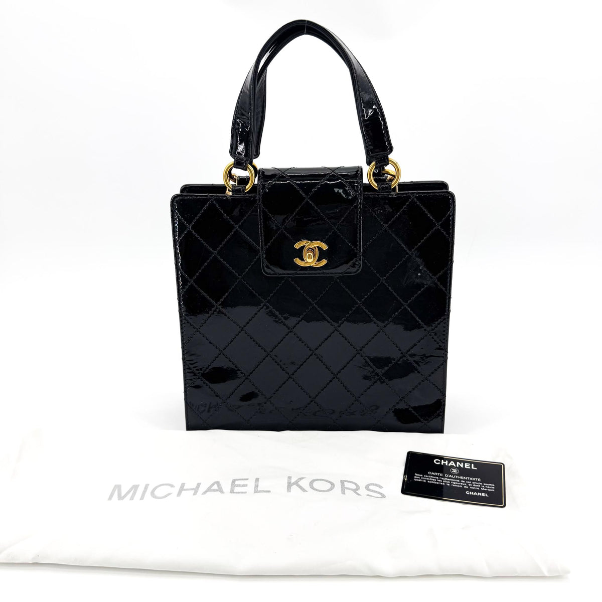 Chanel Vintage Patent Quilted Square Top Handle Bag Gold Hardware Black