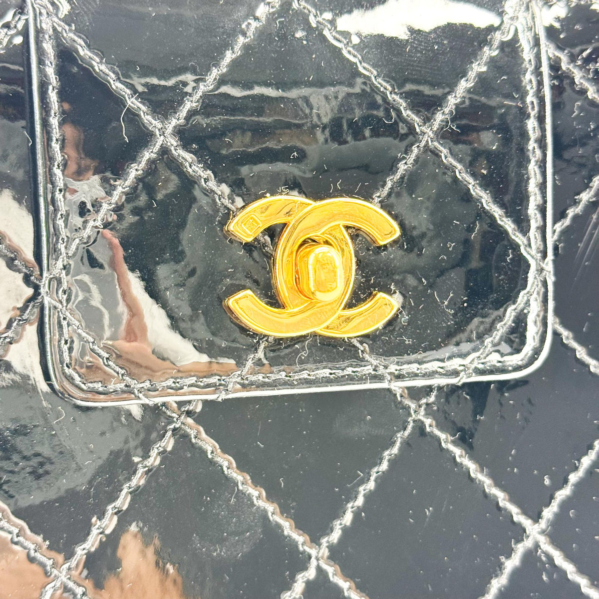 Chanel Vintage Patent Quilted Square Top Handle Bag Gold Hardware Black
