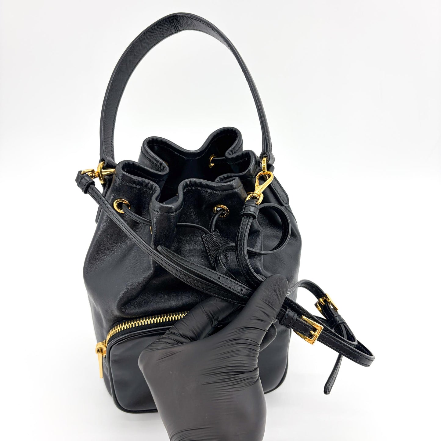 Prada leather bucket bag with gold hardware