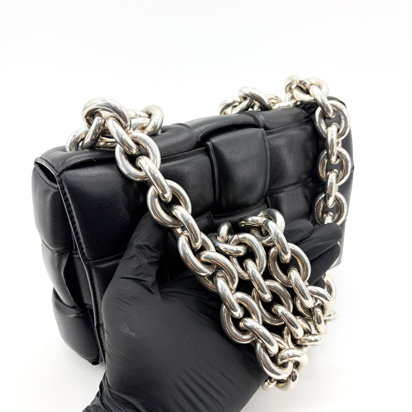 Bottega Veneta Padded Cassette Chain Shoulder Bag Black Silver