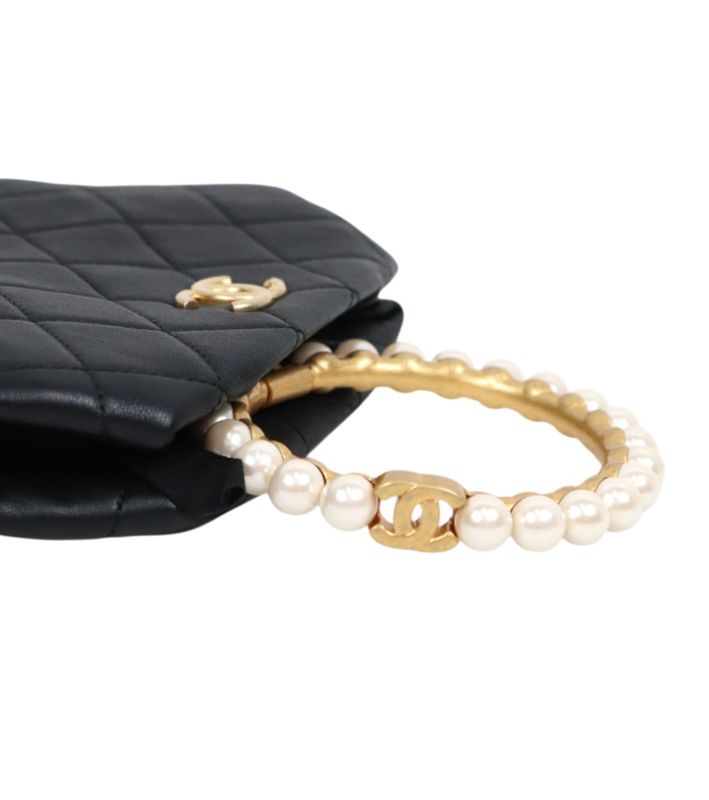 Chanel Black Leather Pearl-Handle Pouch
