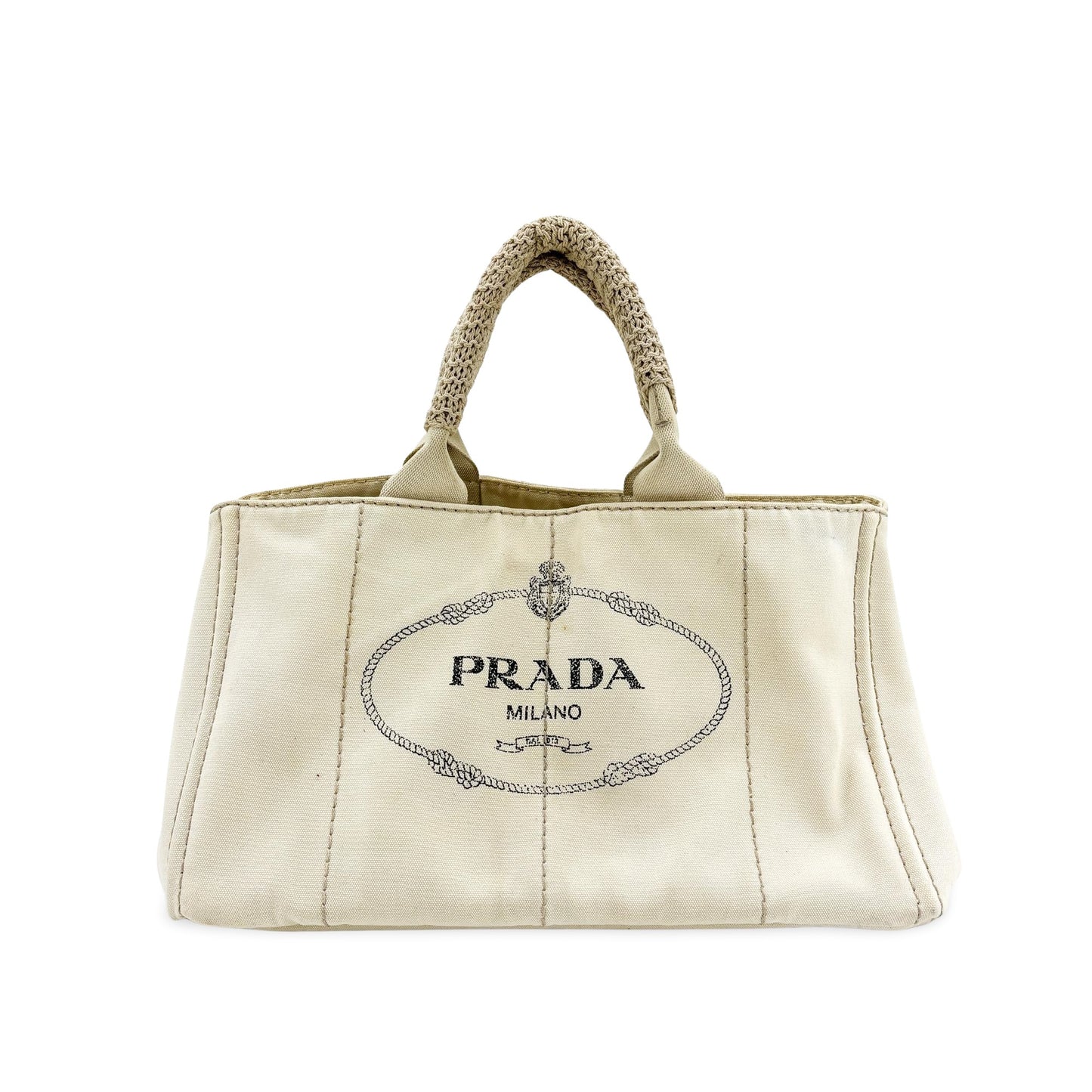 Prada Canapa Crochet Handle Canvas Mini Tote Bag Beige