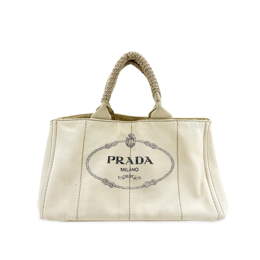 Prada Canapa Crochet Handle Canvas Mini Tote Bag Beige