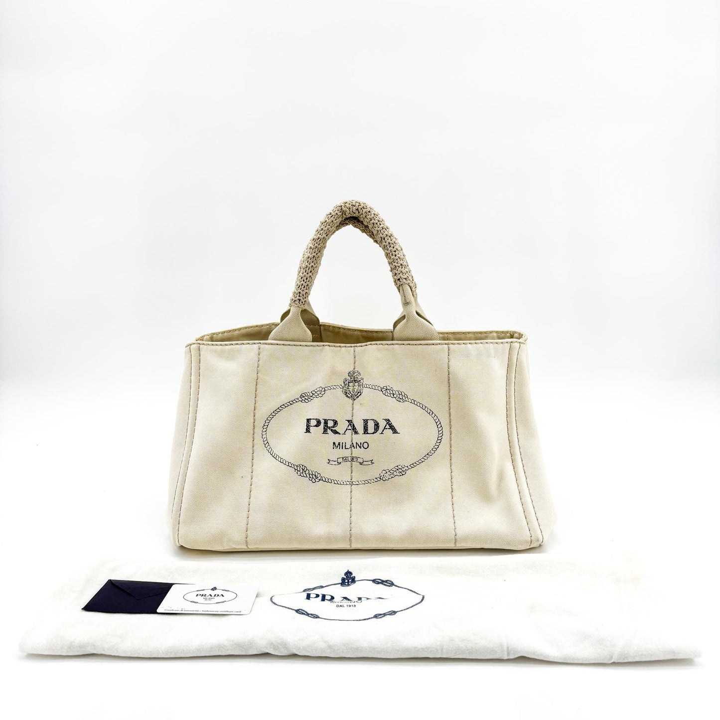 Prada Canapa Crochet Handle Canvas Mini Tote Bag Beige
