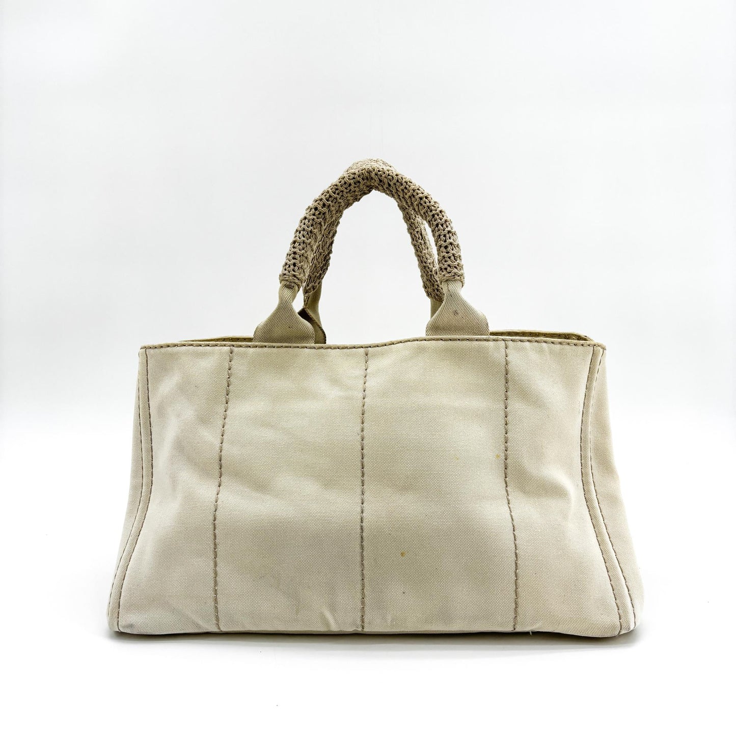 Prada Canapa Crochet Handle Canvas Mini Tote Bag Beige