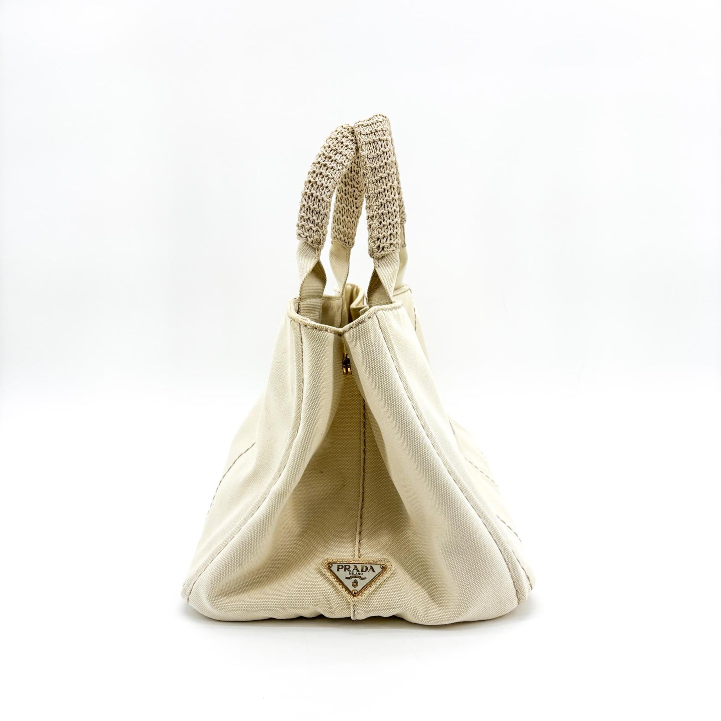 Prada Canapa Crochet Handle Canvas Mini Tote Bag Beige