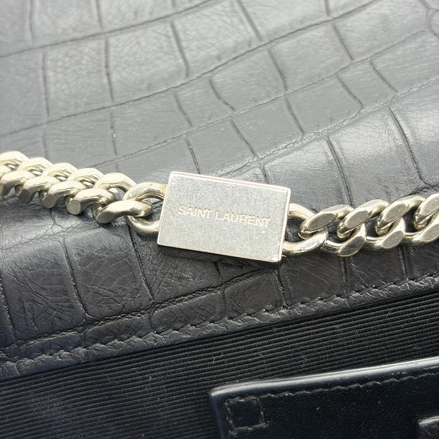 Saint Laurent Medium Kate Tassel Shoulder Bag Crocodile Embossed Black Silver Hardware