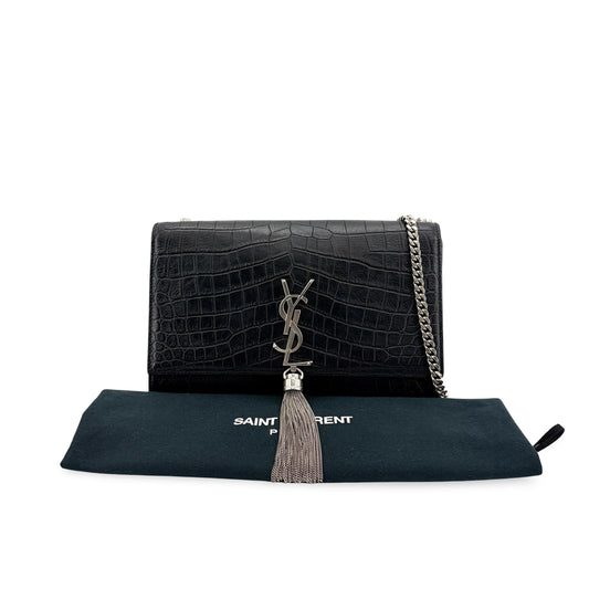 Saint Laurent Medium Kate Tassel Shoulder Bag Crocodile Embossed Black Silver Hardware