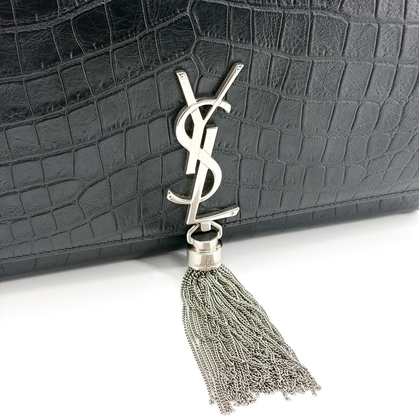 Saint Laurent Medium Kate Tassel Shoulder Bag Crocodile Embossed Black Silver Hardware