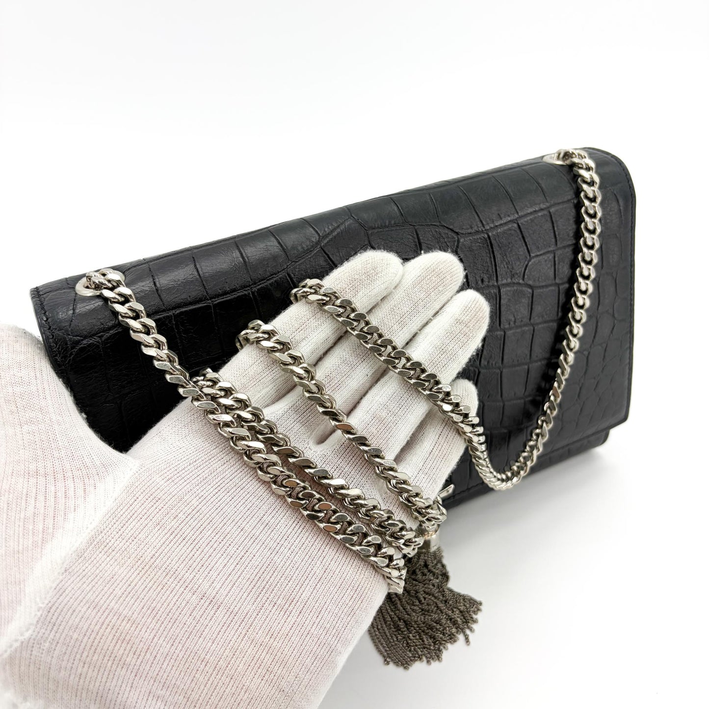 Saint Laurent Medium Kate Tassel Shoulder Bag Crocodile Embossed Black Silver Hardware