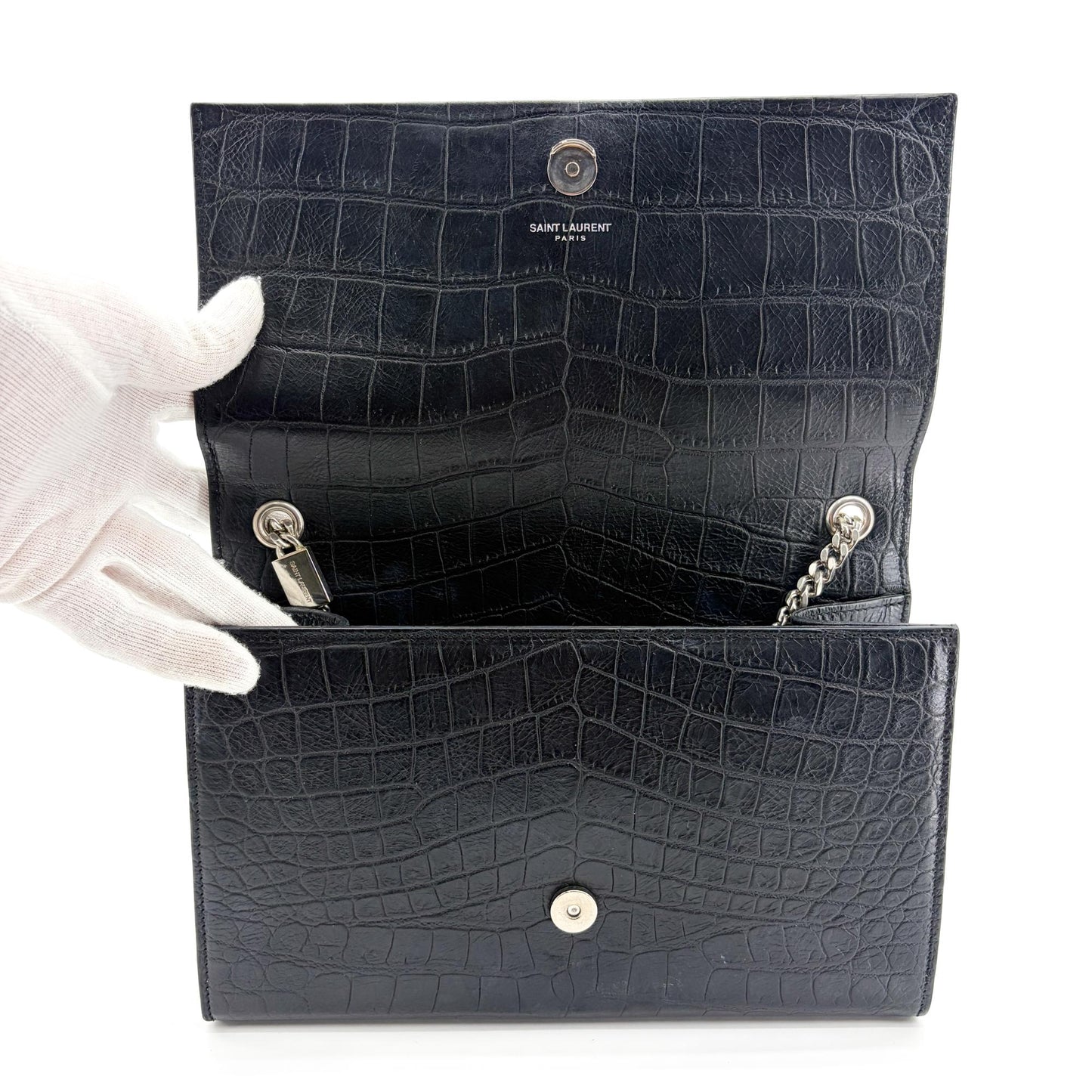 Saint Laurent Medium Kate Tassel Shoulder Bag Crocodile Embossed Black Silver Hardware