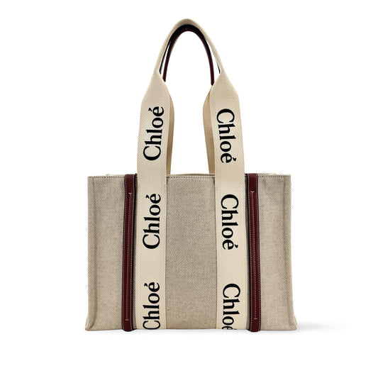 Chloé Woody Medium Tote Bag Beige Burgundy