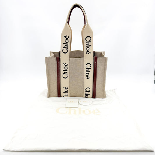 Chloé Woody Medium Tote Bag Beige Burgundy