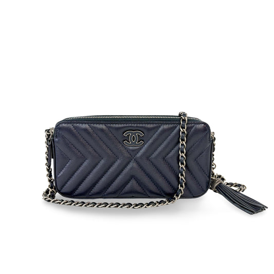Chanel Chevron Tassel Camera Bag Mini Silver Hardware Navy
