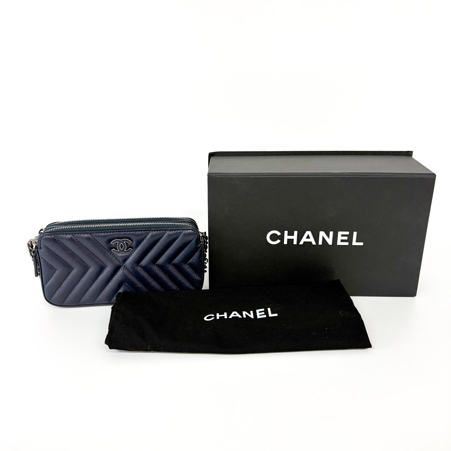 Chanel Chevron Tassel Camera Bag Mini Silver Hardware Navy