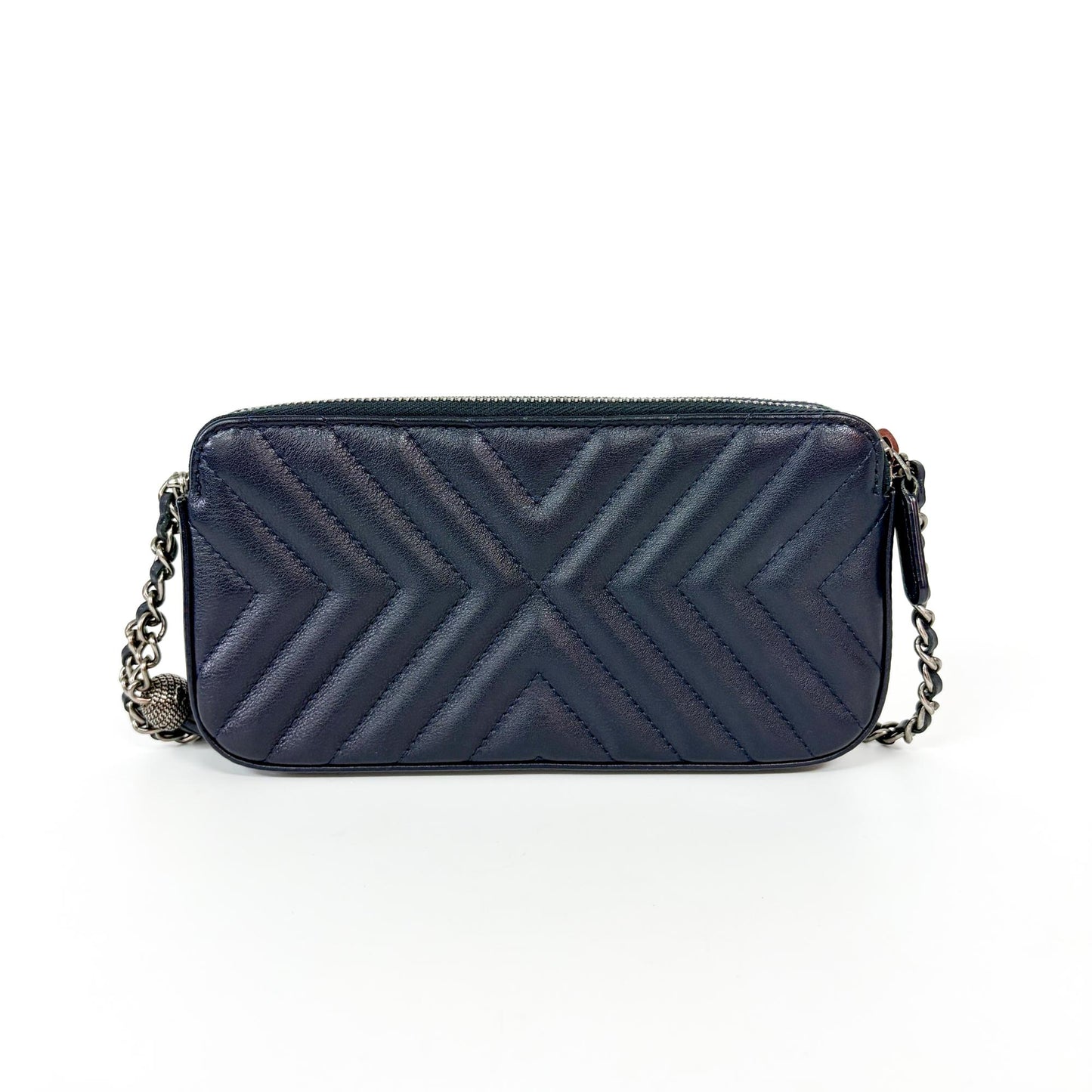 Chanel Chevron Tassel Camera Bag Mini Silver Hardware Navy