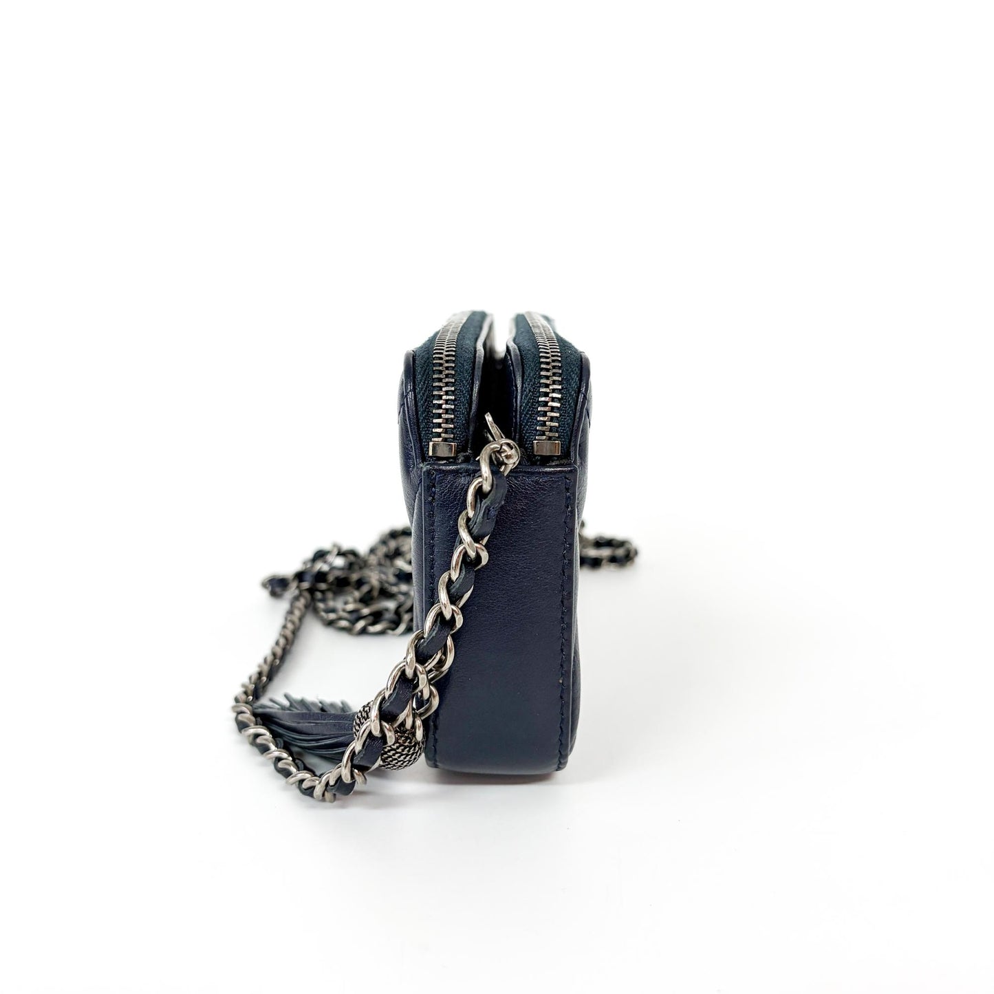 Chanel Chevron Tassel Camera Bag Mini Silver Hardware Navy