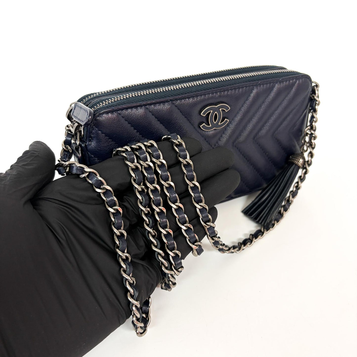 Chanel Chevron Tassel Camera Bag Mini Silver Hardware Navy