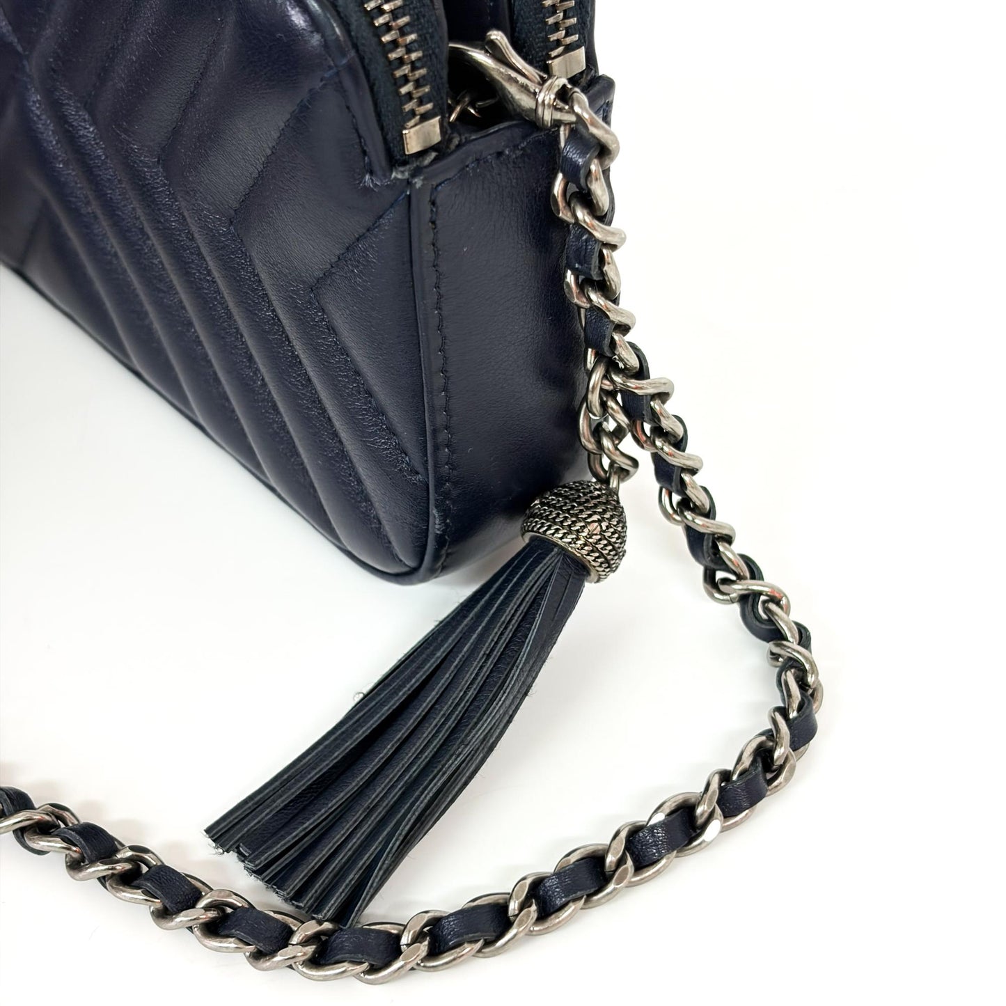 Chanel Chevron Tassel Camera Bag Mini Silver Hardware Navy