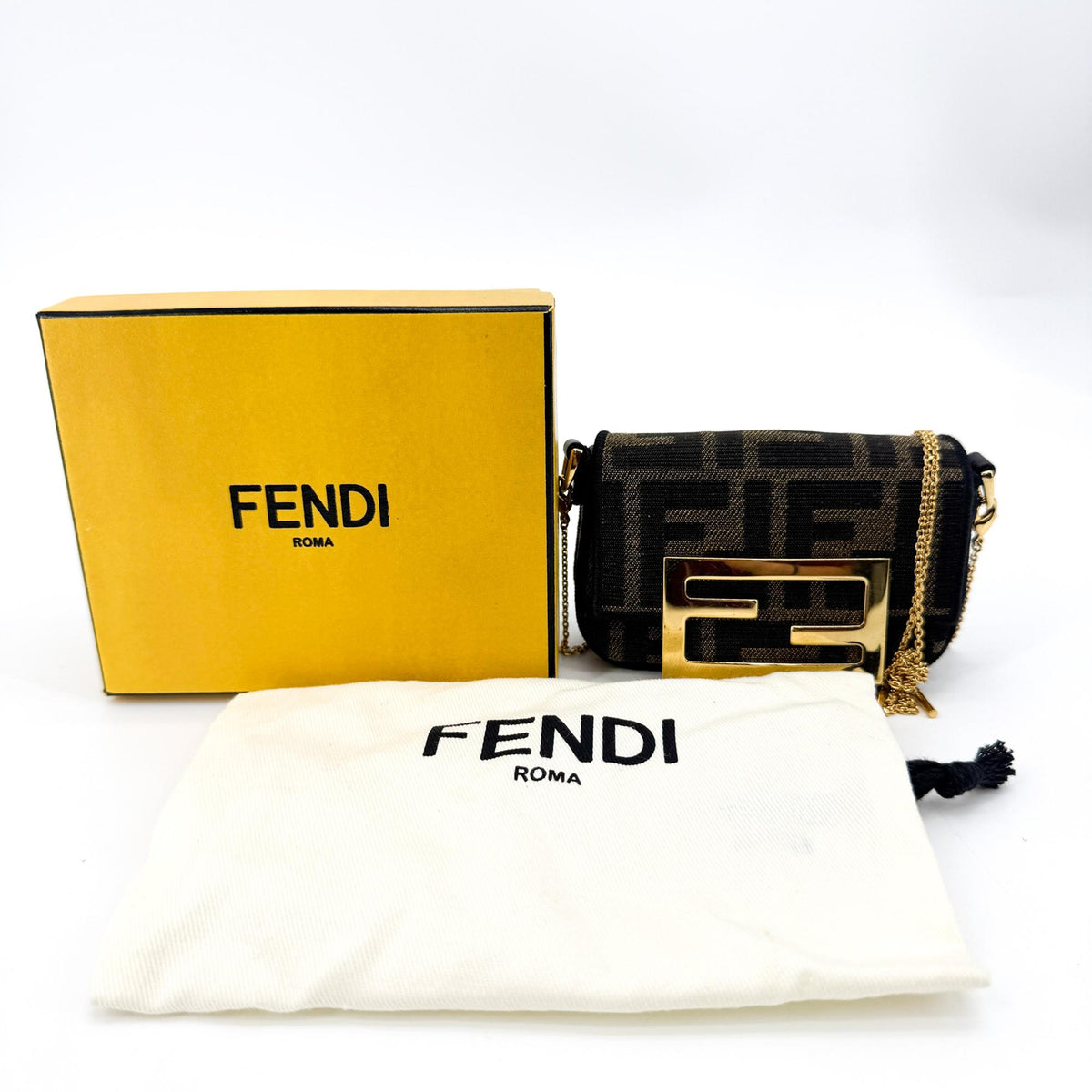 Fendi Nano Baguette Chain FF Jacquard Bag Black Gold