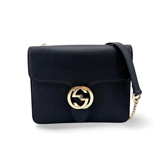 Gucci Interlocking G Small Chain Crossbody Bag Black Gold Hardware